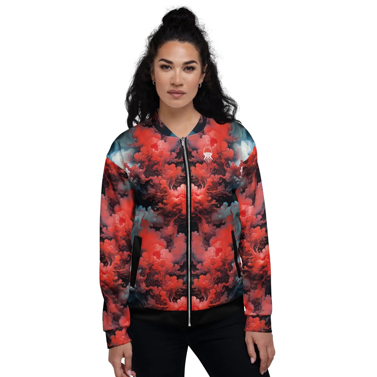 Bomber Jacket Ethereal Crimson Flow - Dark | Bold Cosmic Elegance