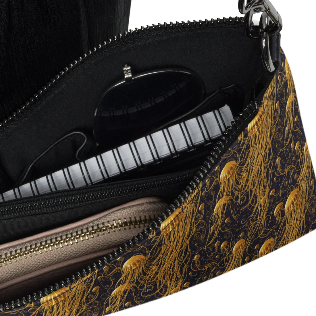 Embrace Your Cosmic Style with the Black and Gold Jellyfishes Crossbody Bag