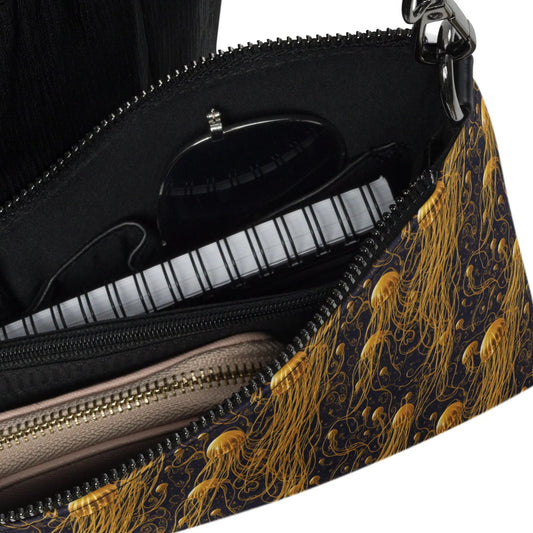 Embrace Your Cosmic Style with the Black and Gold Jellyfishes Crossbody Bag
