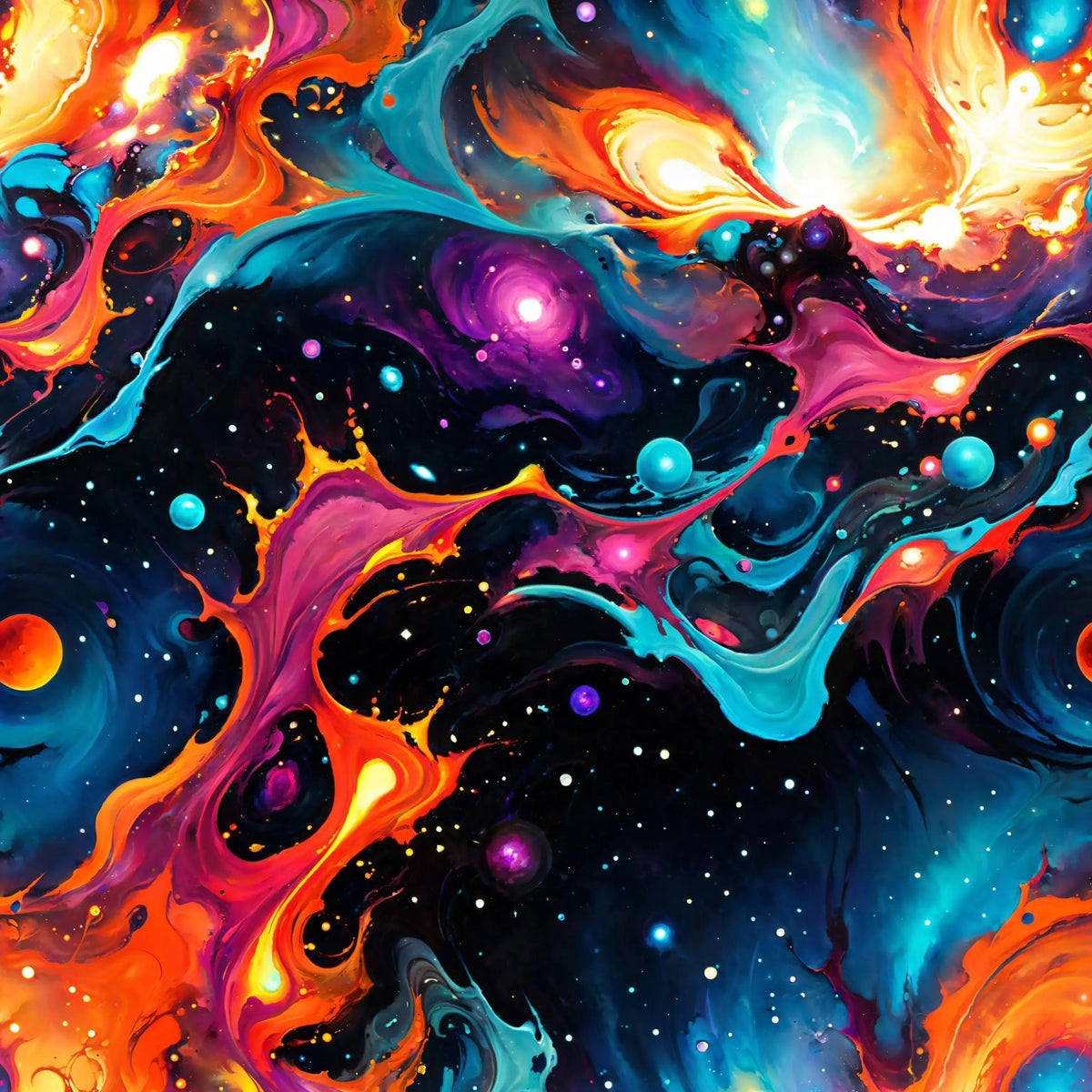 Astral Tempest cosmic print with swirling turquoise, orange, fuchsia and violet nebulae, glowing orbs and stars on a deep navy background.