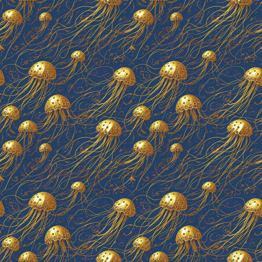 Repeating golden cosmic jellyfish with flowing tentacles on a deep blue celestial ocean background