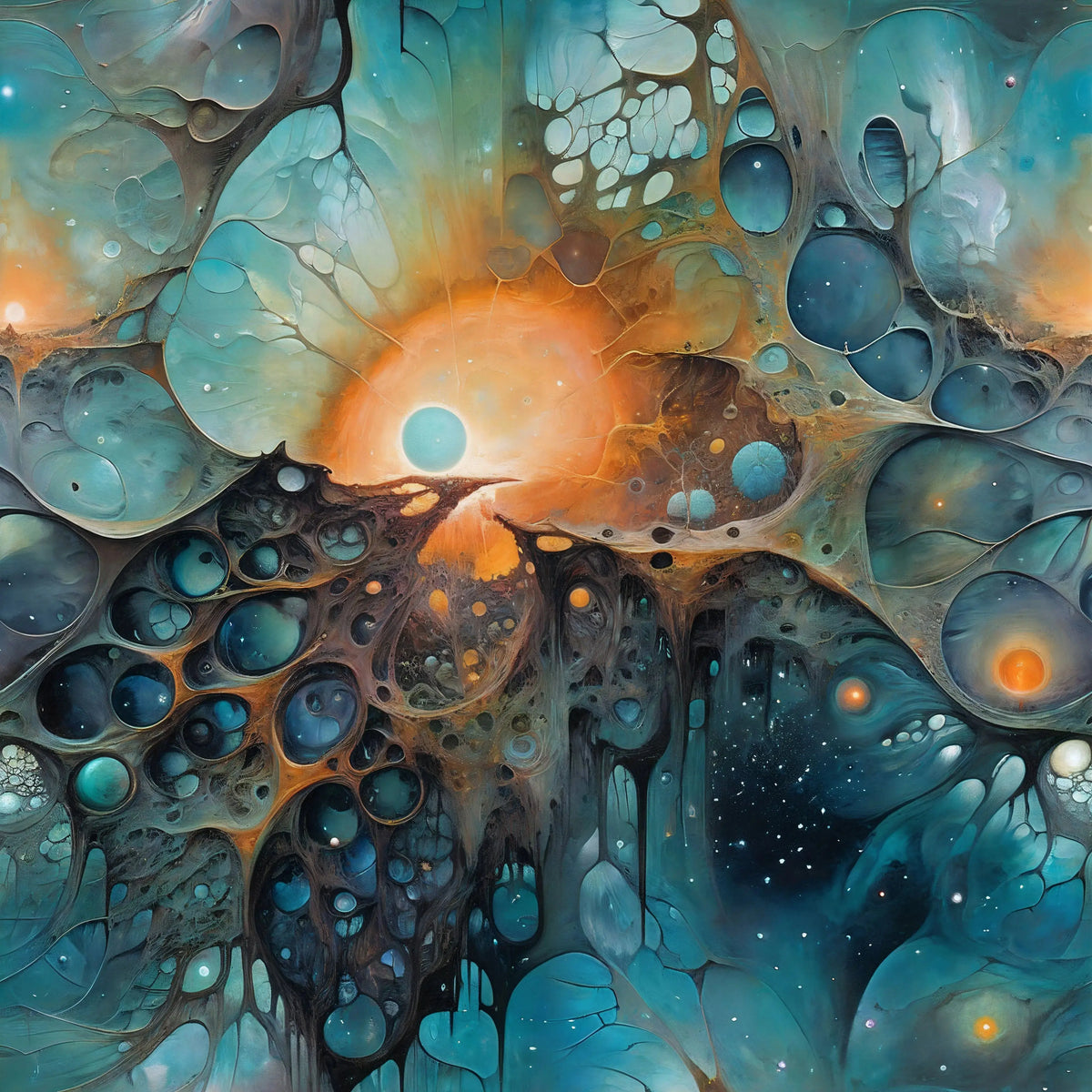 Chthonic Echoes surreal cosmic print with turquoise cellular caverns, charcoal shadows, glowing orange orbs and pockets of starlight.