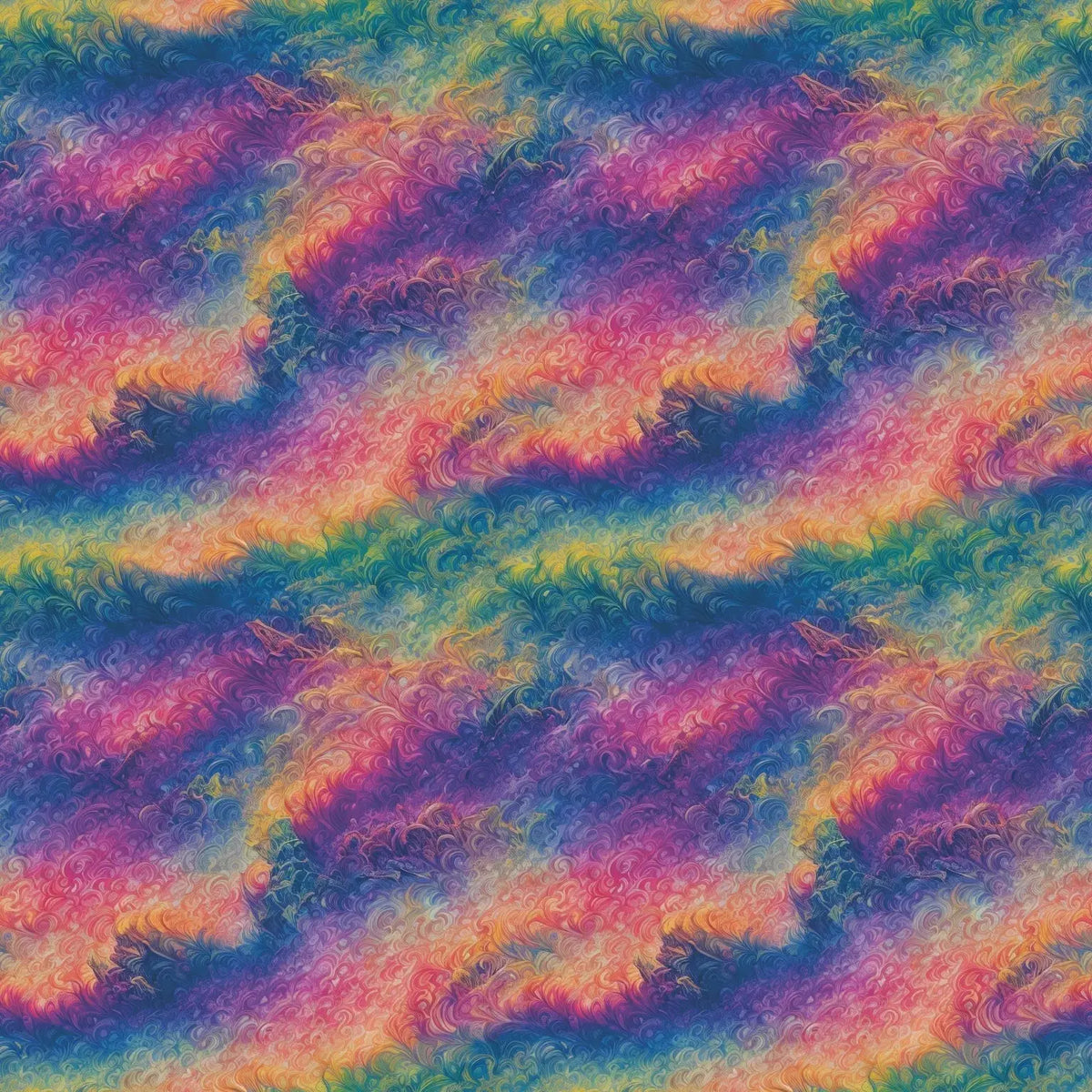 Color Haze psychedelic abstract print with swirling bands of emerald, cobalt blue, violet, magenta, coral and golden yellow.