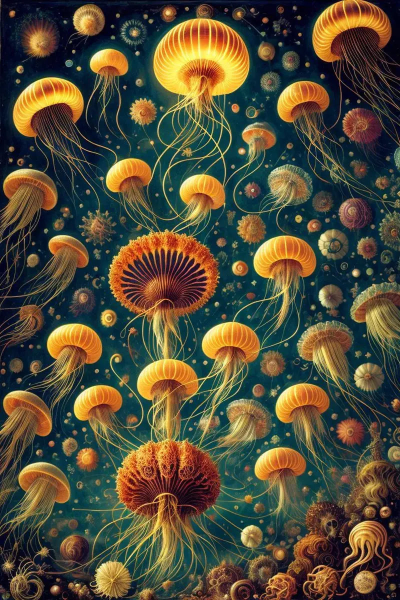 Glowing orange cosmic jellyfish drifting across a deep blue celestial background