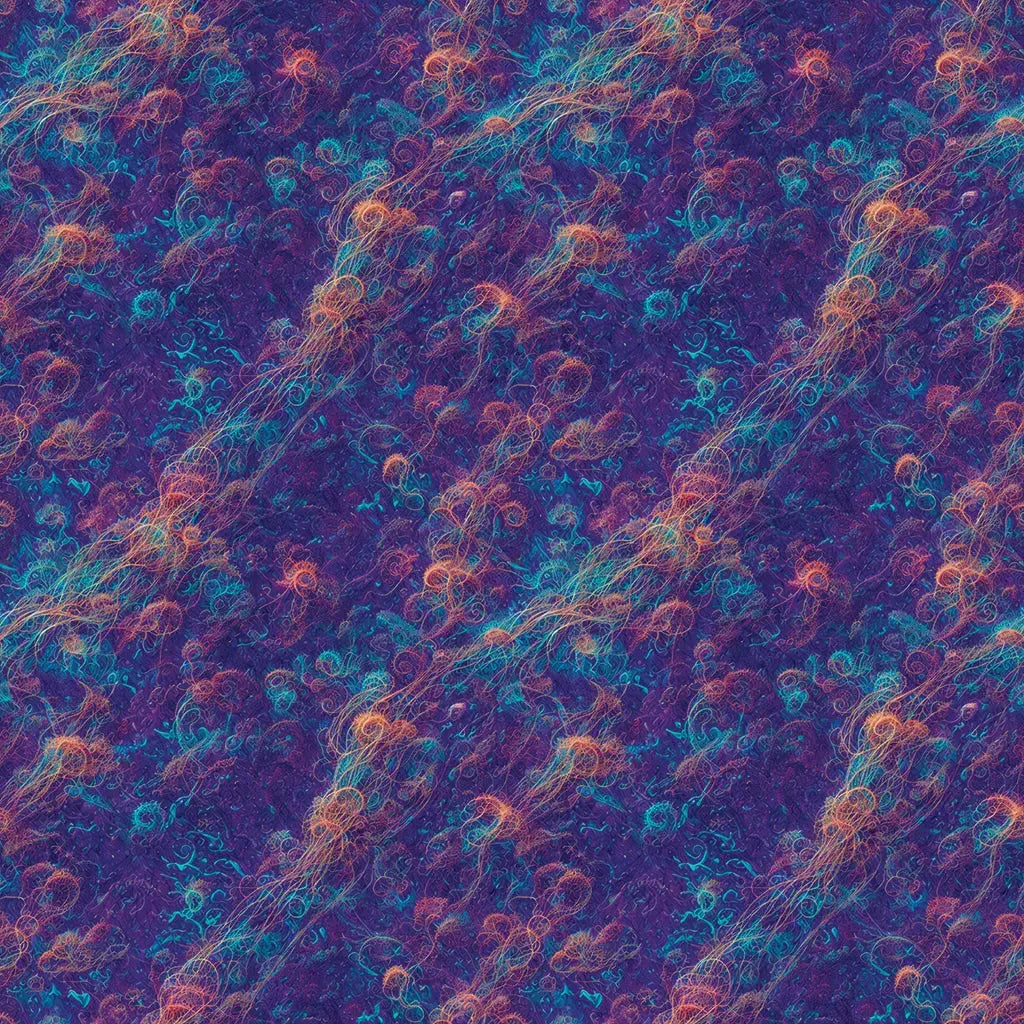 Galactic Tangle cosmic print with fine turquoise, coral and magenta filaments woven across a deep violet background.