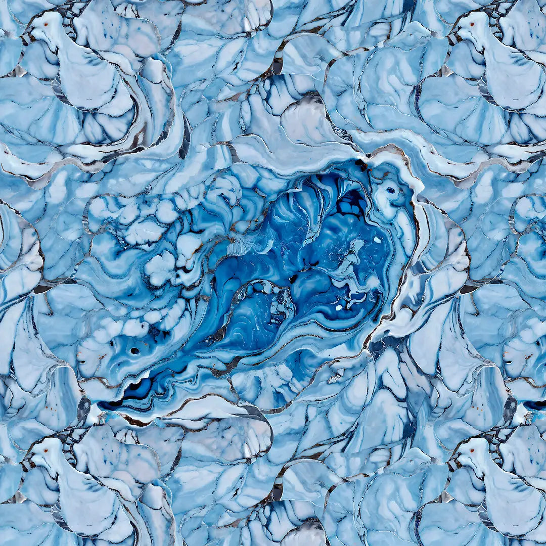 Glaukos Vein marble print with ice blue and white swirls, deeper blue pools and dark veins.