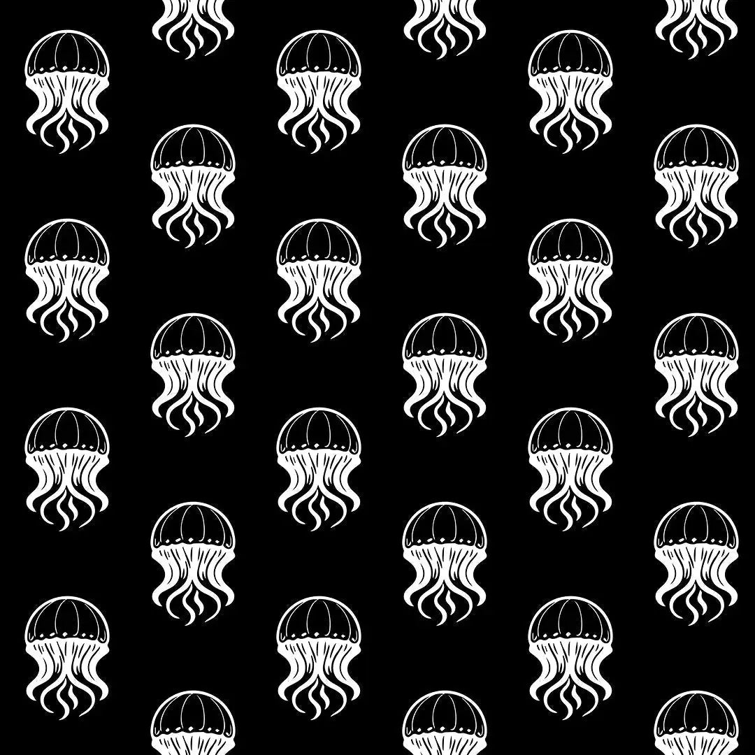 Repeating white Jelly Kvlt jellyfish logos on a black background