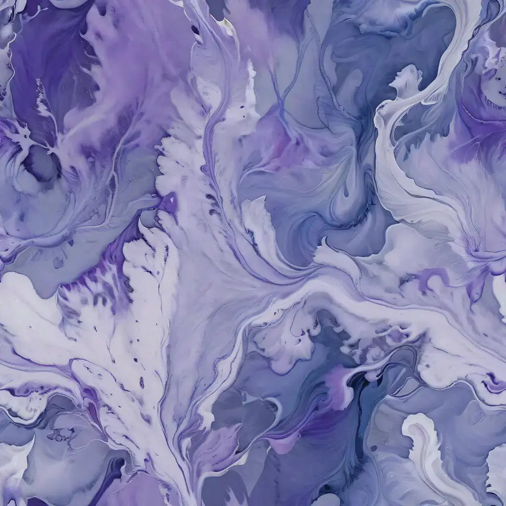 Lavandia marble print with flowing lavender, lilac and indigo blue swirls.