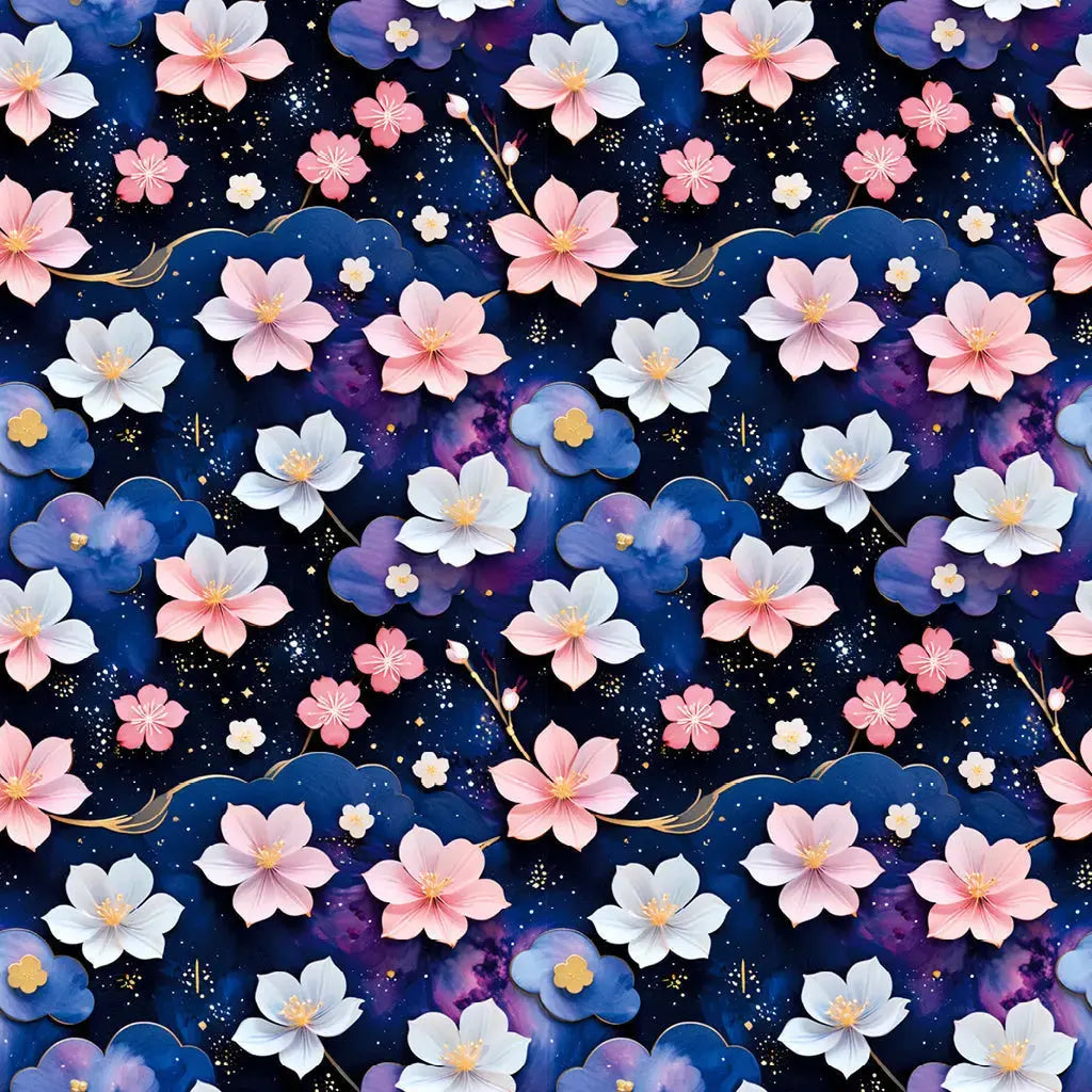 Midnight Sakura celestial floral print with pink and white cherry blossoms, indigo flowers and golden details on a dark blue starry background.