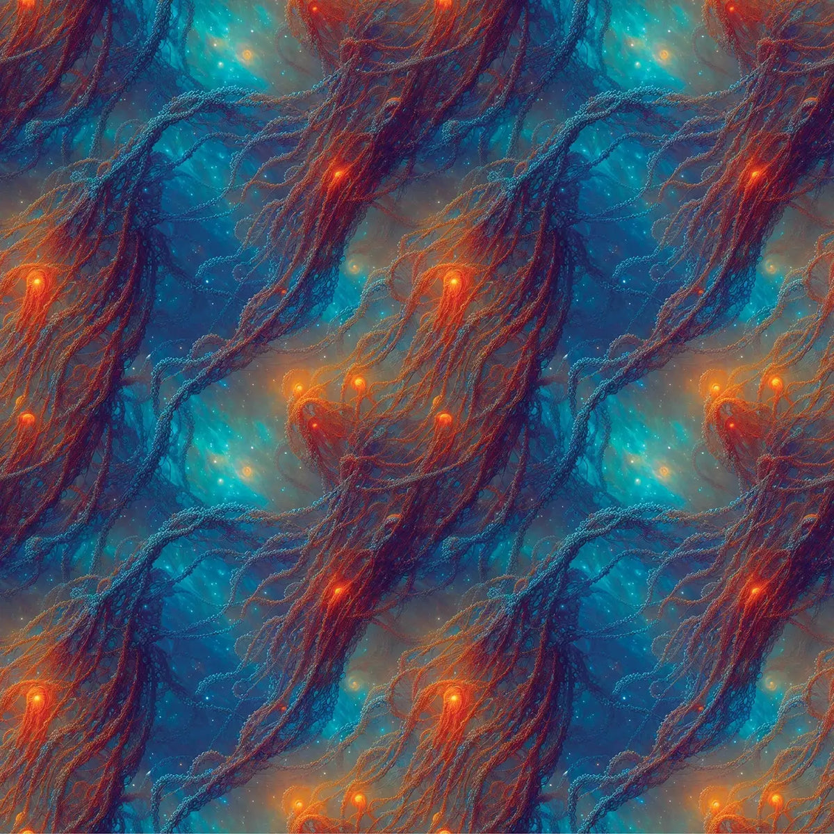 Nebular Nexus cosmic horror print with branching indigo and violet tendrils, turquoise nebulae and glowing orange nodes.