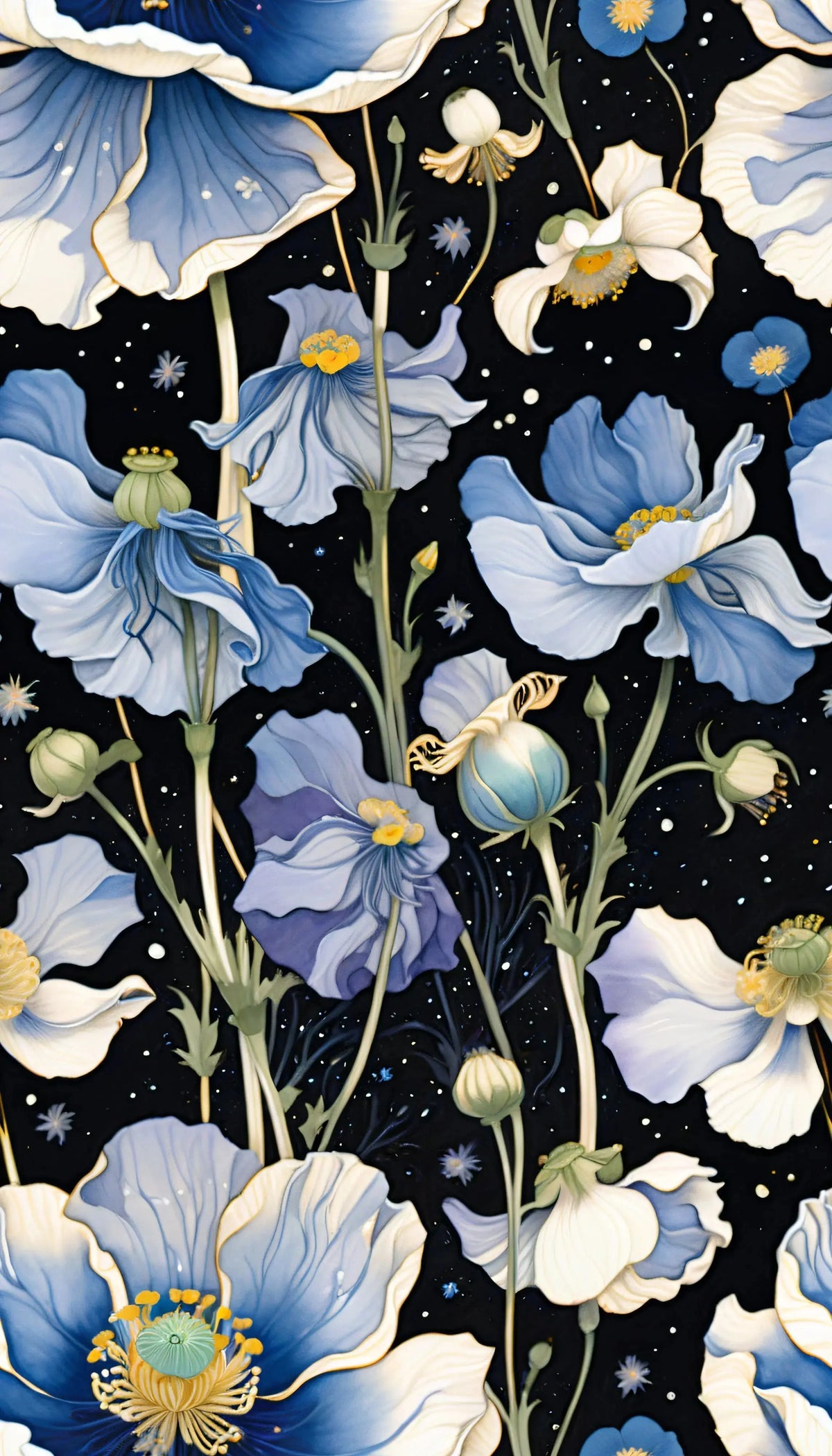 Nocturnal Poppy celestial floral print with powder-blue and ivory poppies, sage-green stems and golden centres on a near-black starry background.