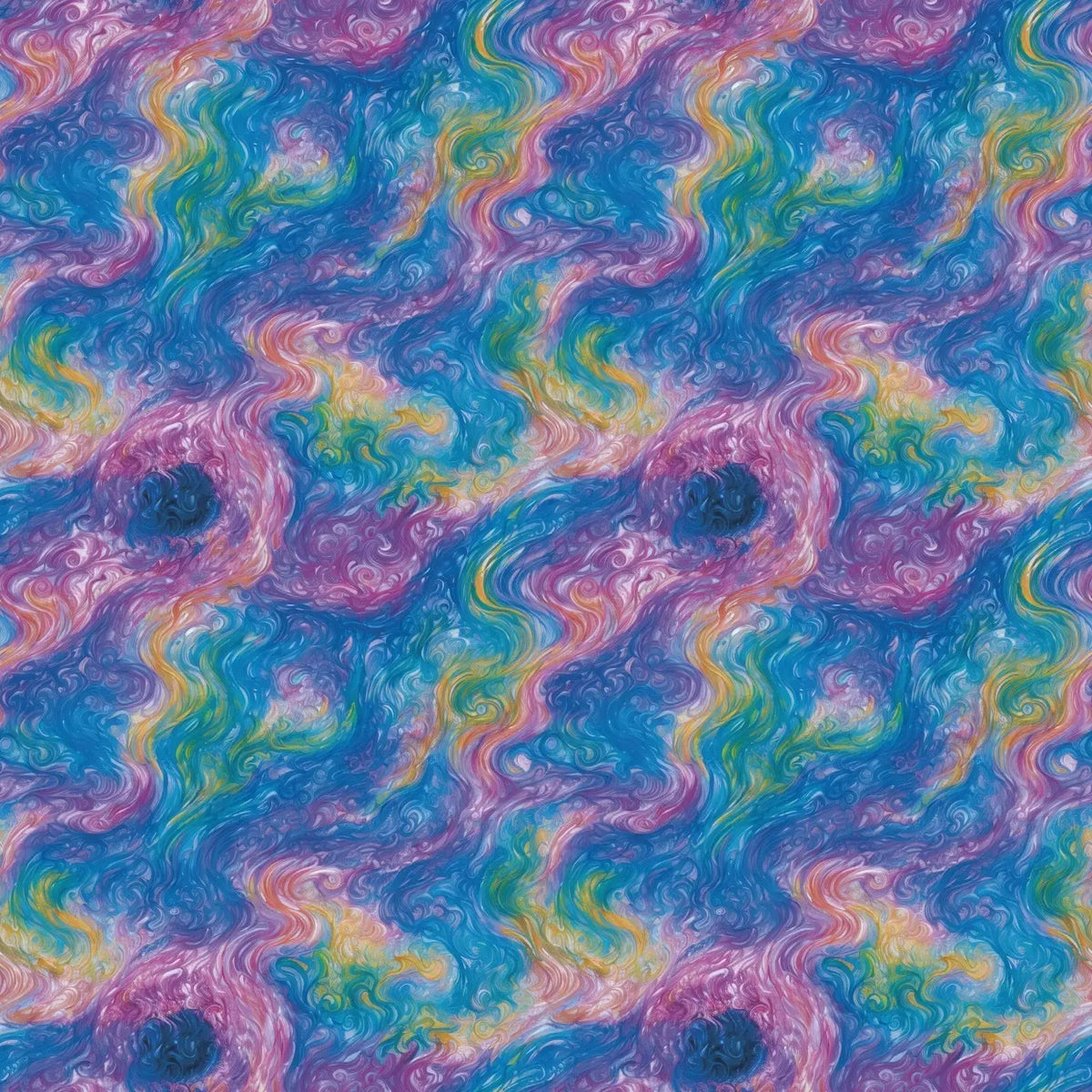 Quantum Drift watercolor-inspired abstract print with swirling aqua blue, lavender, pink, mint green and yellow waves.