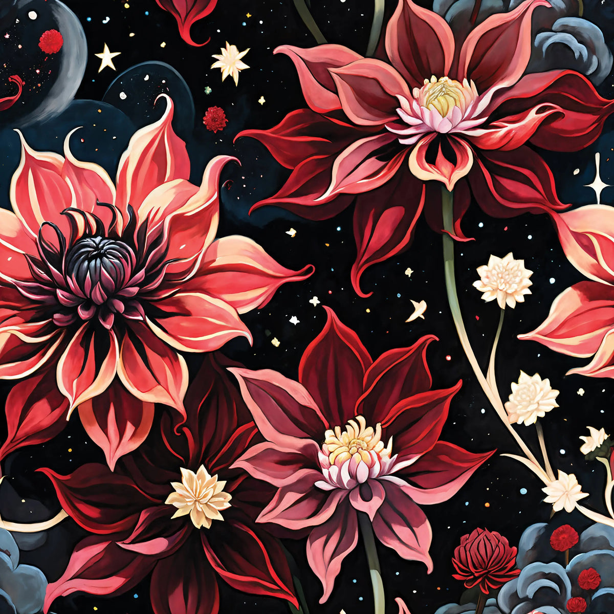 Twilight Dahlia celestial floral print with red, coral and burgundy dahlias, crescent moons and stars on a near-black background.