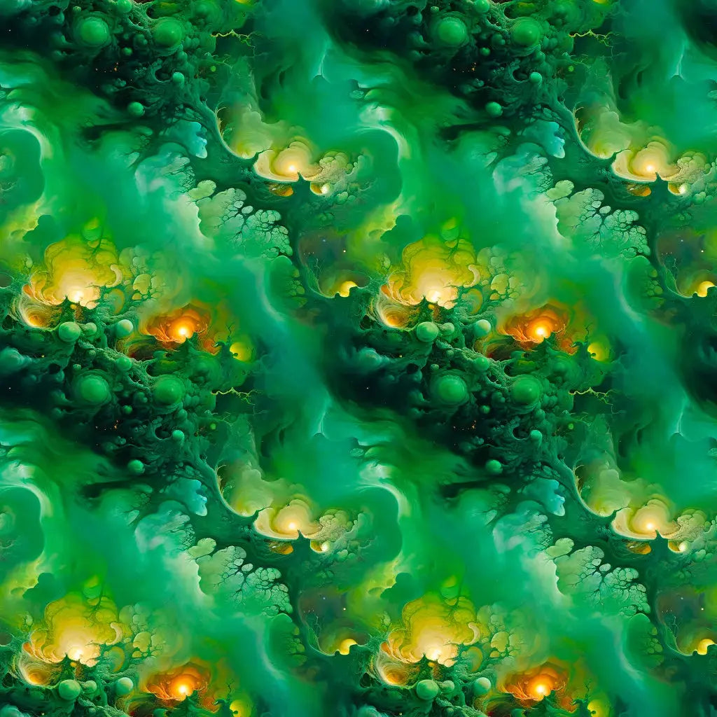 Viridian Shroud green cosmic print with swirling emerald and teal clouds, organic bubble-like forms and glowing gold-orange light.