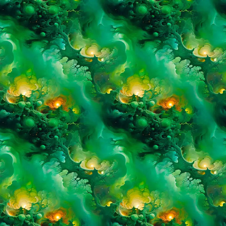 Viridian Shroud green cosmic print with swirling emerald and teal clouds, organic bubble-like forms and glowing gold-orange light.