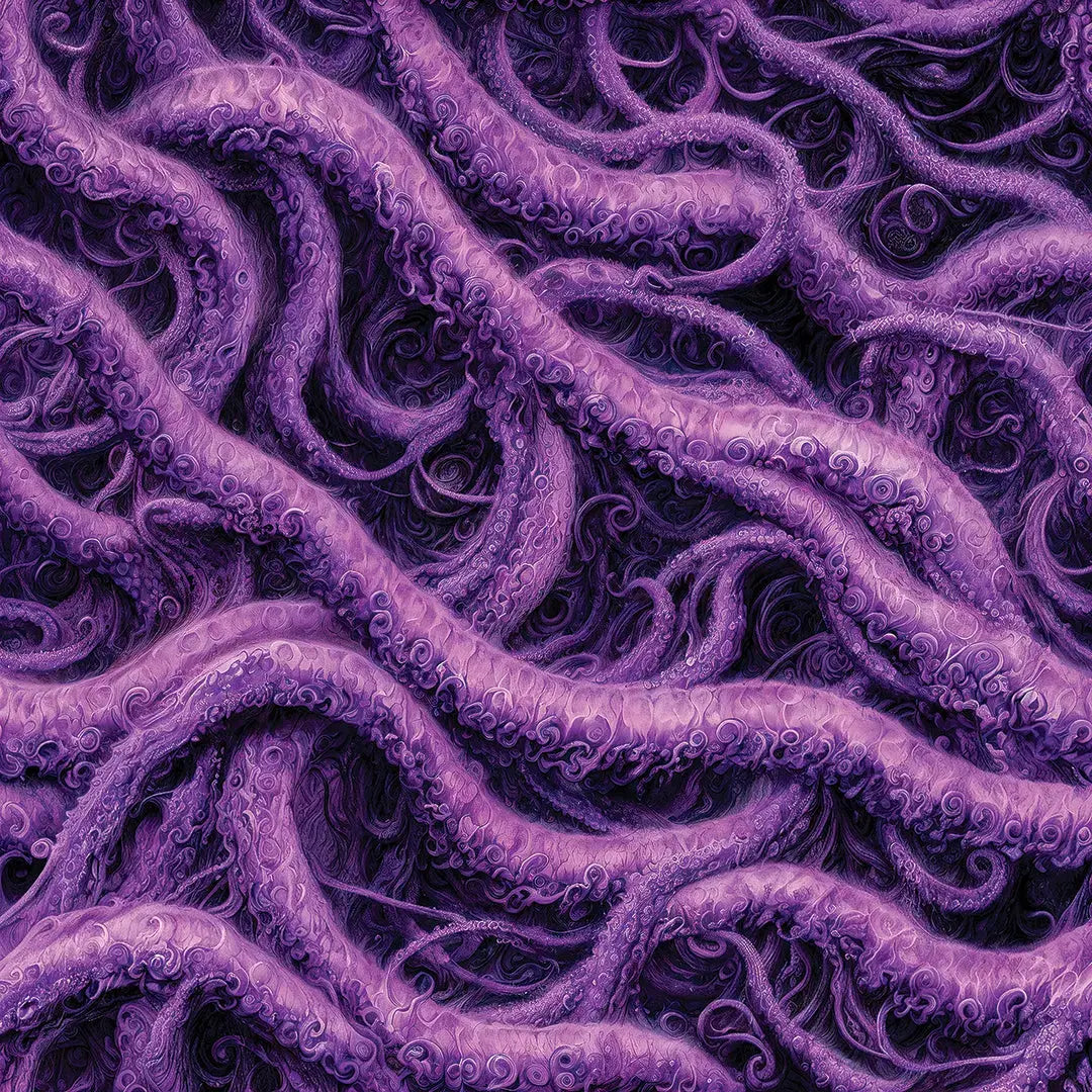 Void Reach cosmic horror print with detailed lavender and purple tentacles against near-black shadows.