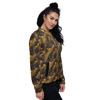 Bomber Jacket Black and Gold Jellyfishes | Cosmic Elegance & Comfort