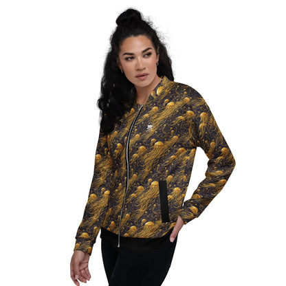 Bomber Jacket Black and Gold Jellyfishes | Cosmic Elegance & Comfort