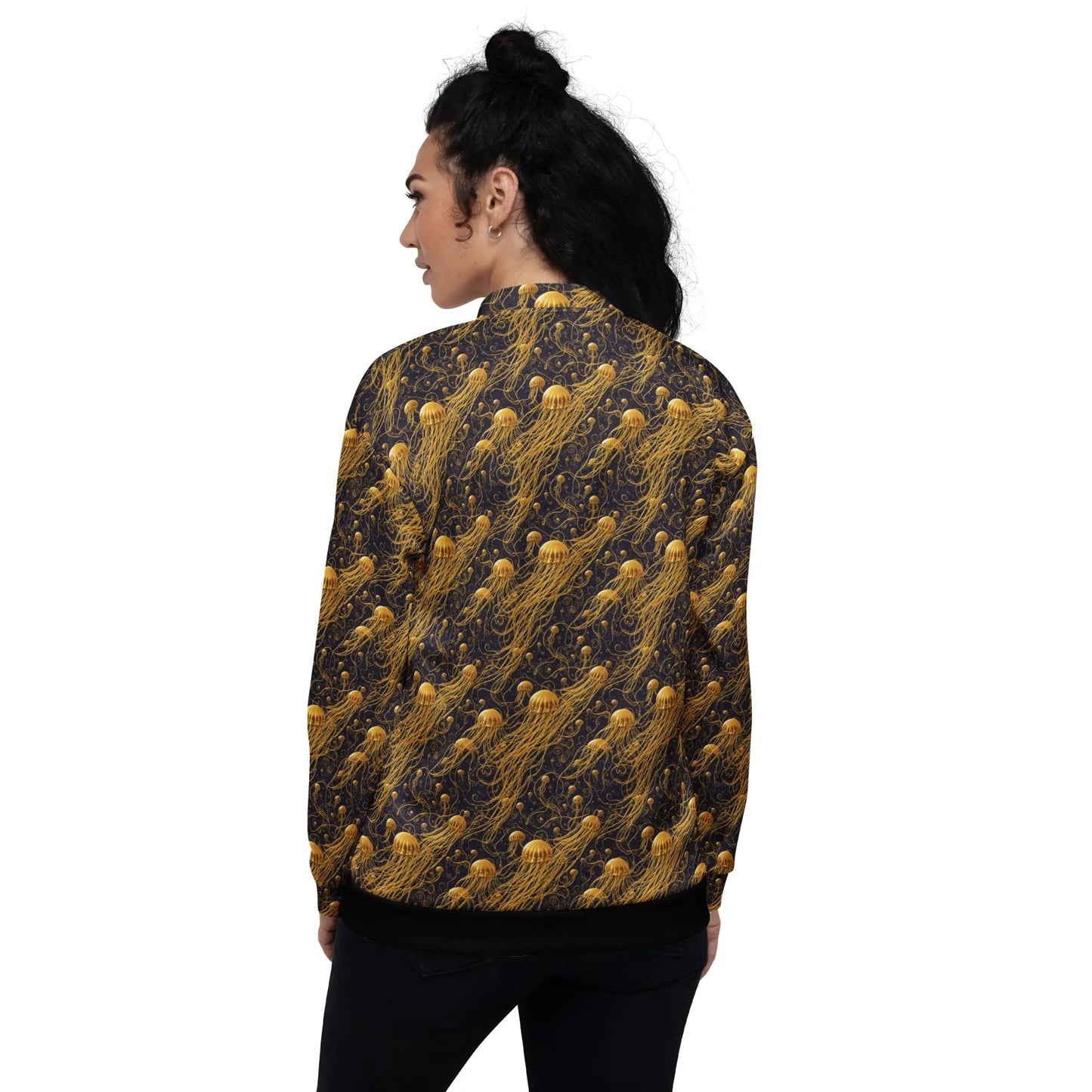 Bomber Jacket Black and Gold Jellyfishes | Cosmic Elegance & Comfort