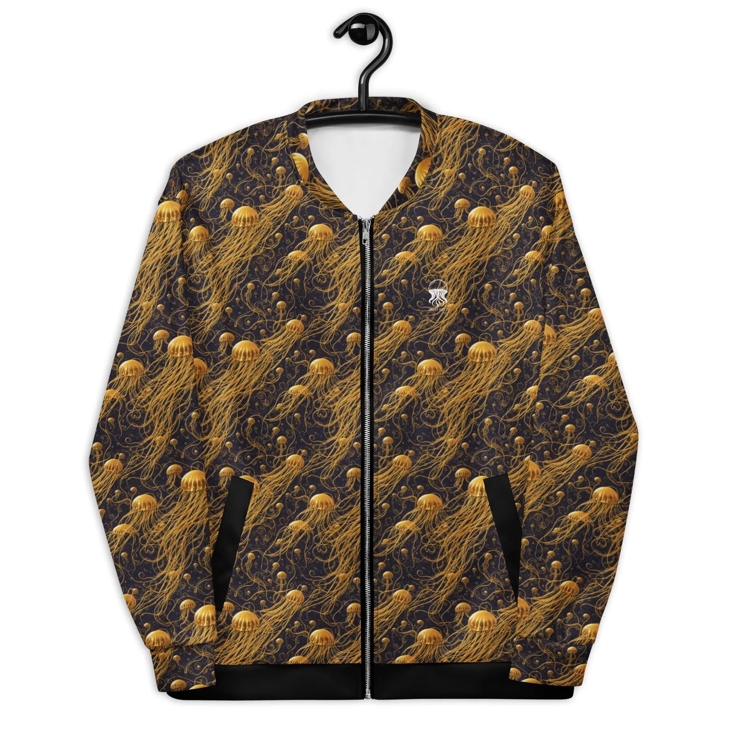 Bomber Jacket Black and Gold Jellyfishes | Cosmic Elegance & Comfort