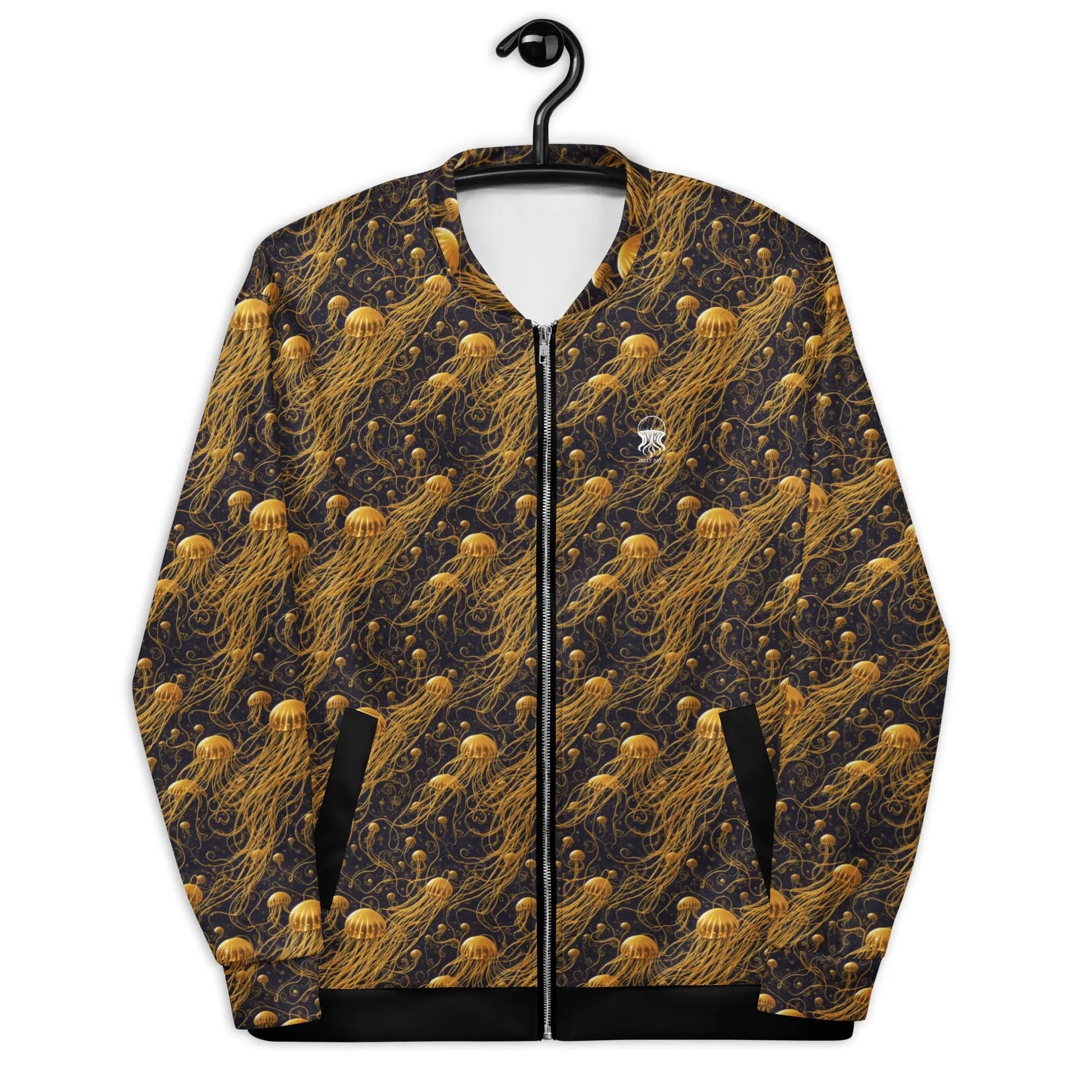 Bomber Jacket Black and Gold Jellyfishes | Cosmic Elegance & Comfort