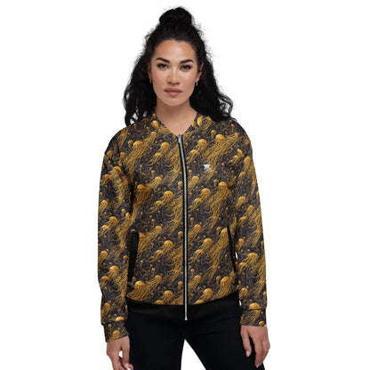 Bomber Jacket Black and Gold Jellyfishes | Cosmic Elegance & Comfort
