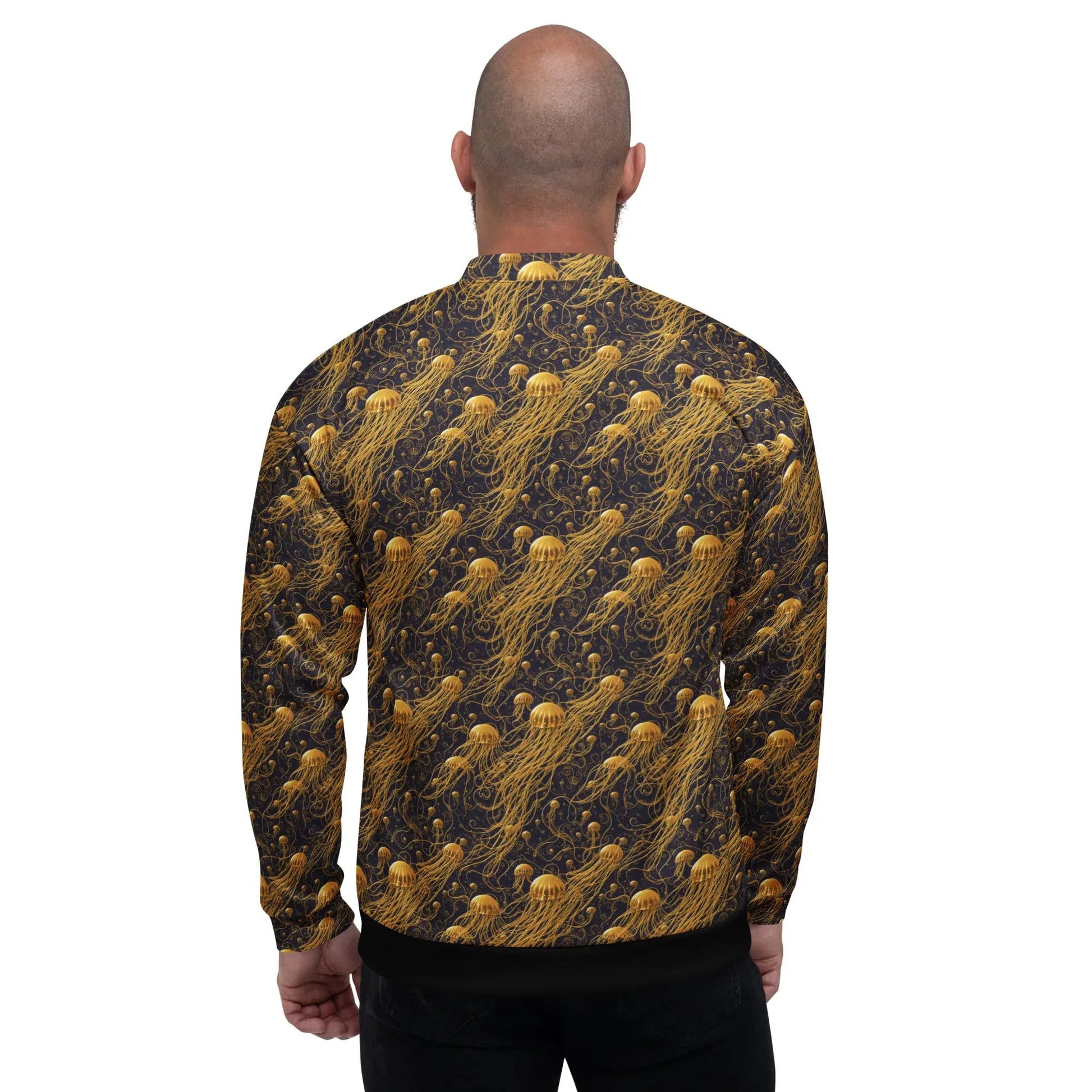 Bomber Jacket Black and Gold Jellyfishes | Cosmic Elegance & Comfort