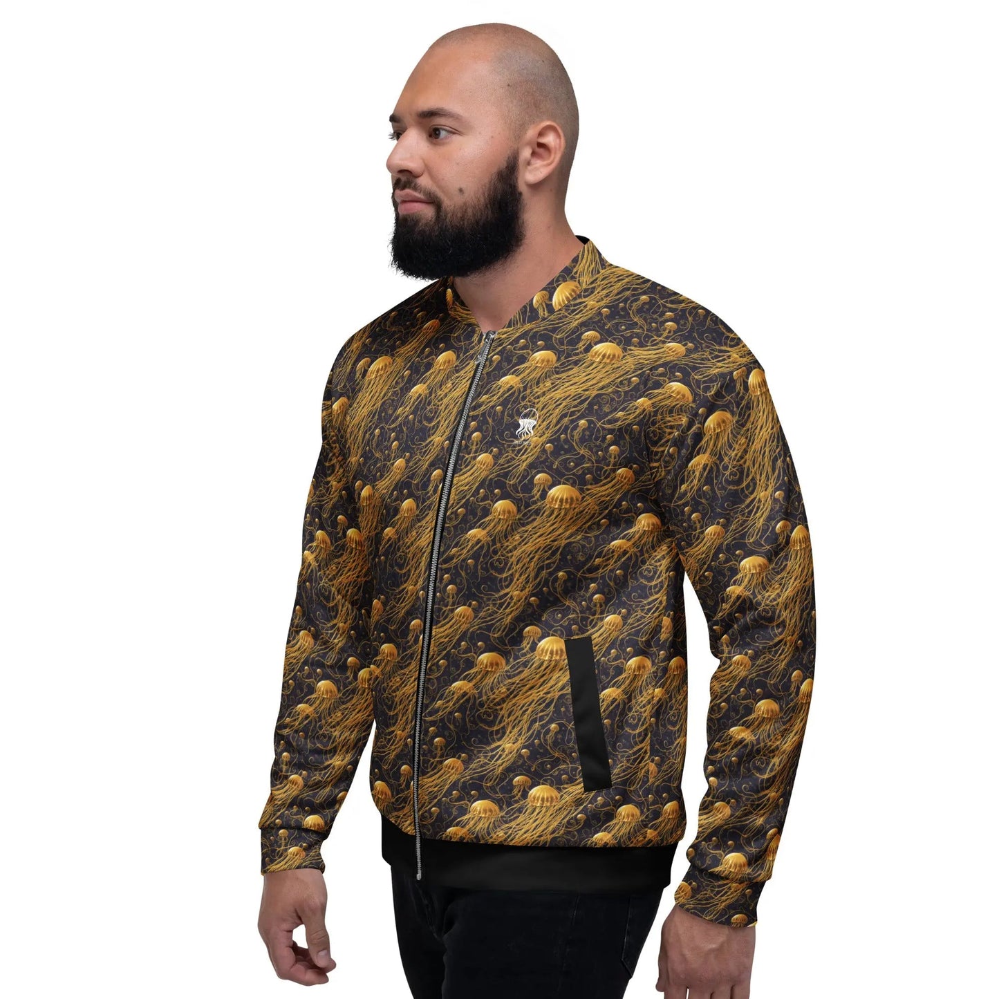 Bomber Jacket Black and Gold Jellyfishes | Cosmic Elegance & Comfort