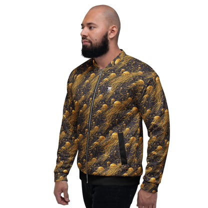 Bomber Jacket Black and Gold Jellyfishes | Cosmic Elegance & Comfort