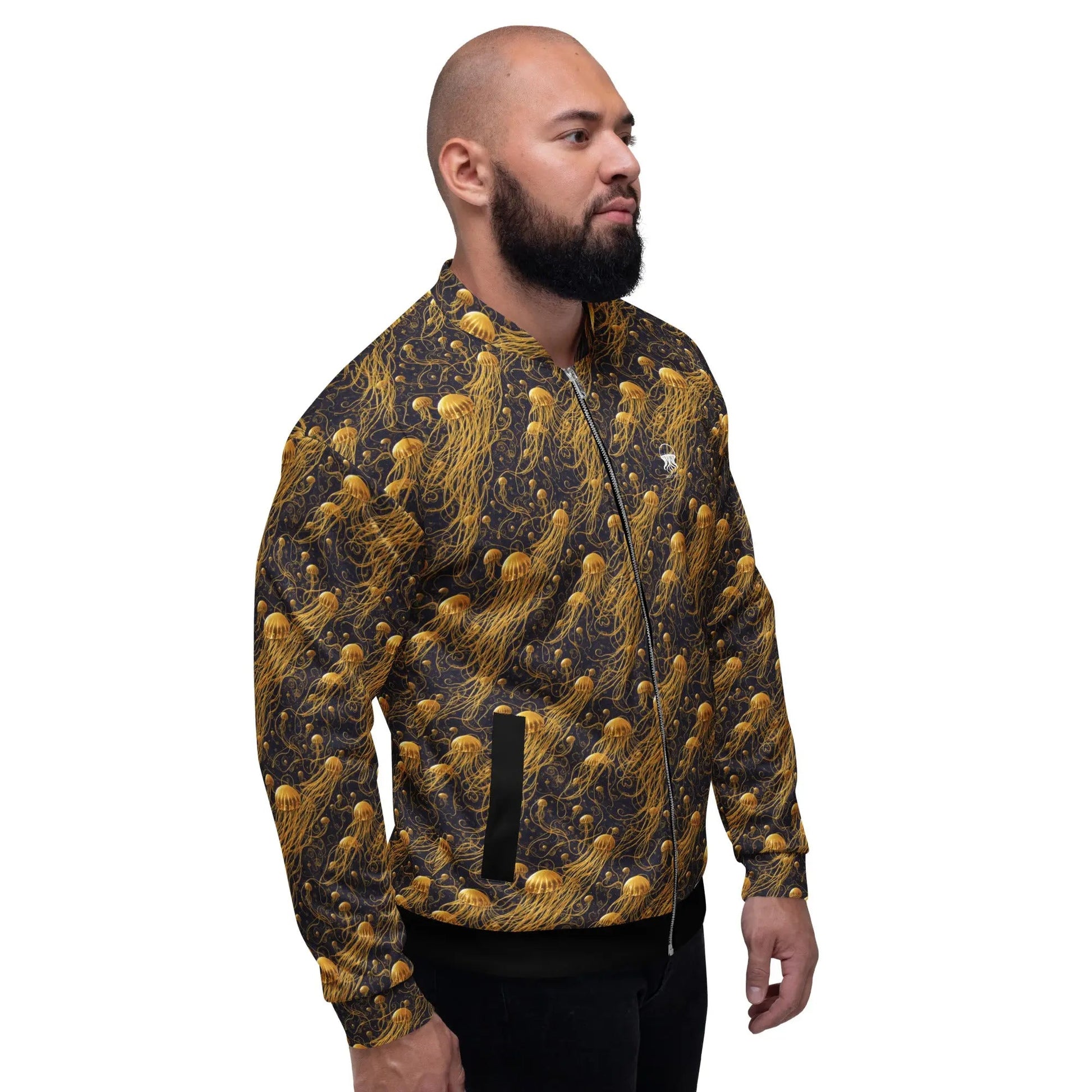 Bomber Jacket Black and Gold Jellyfishes | Cosmic Elegance & Comfort