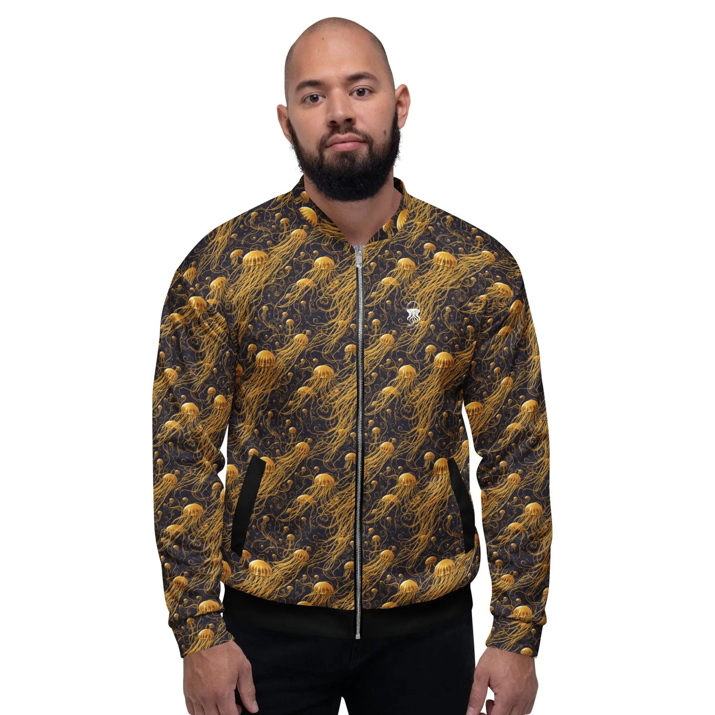 Bomber Jacket Black and Gold Jellyfishes | Cosmic Elegance & Comfort