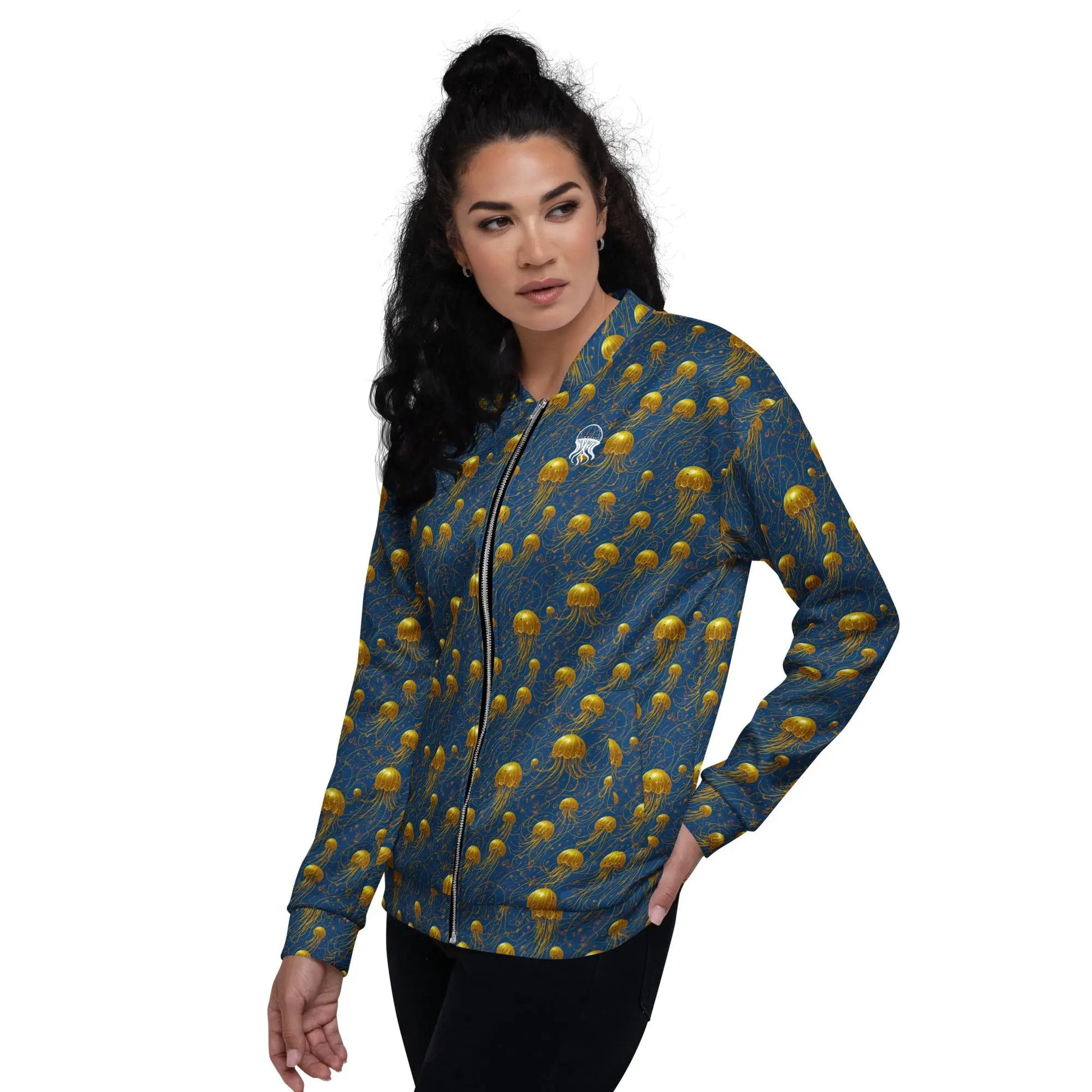Bomber Jacket Blue and Gold Jellyfishes | Oceanic Elegance & Comfort