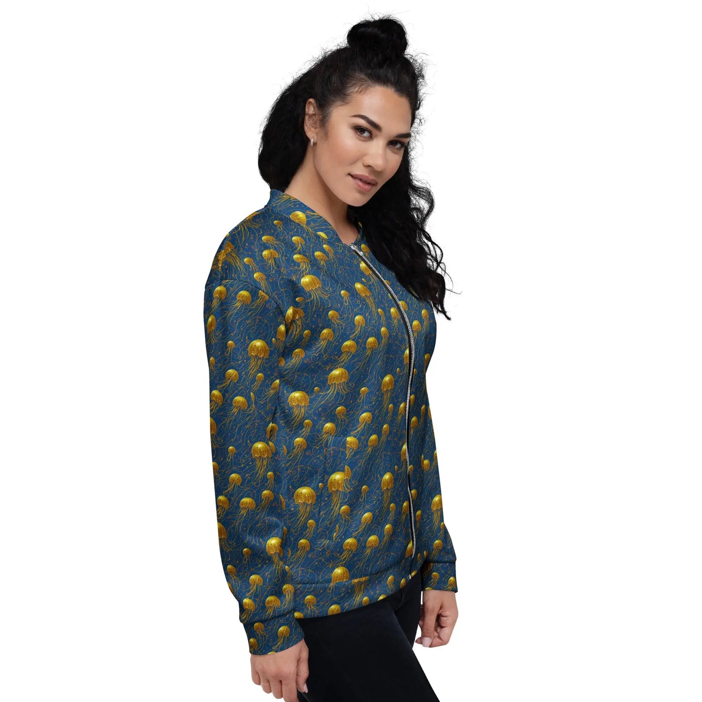 Bomber Jacket Blue and Gold Jellyfishes | Oceanic Elegance & Comfort