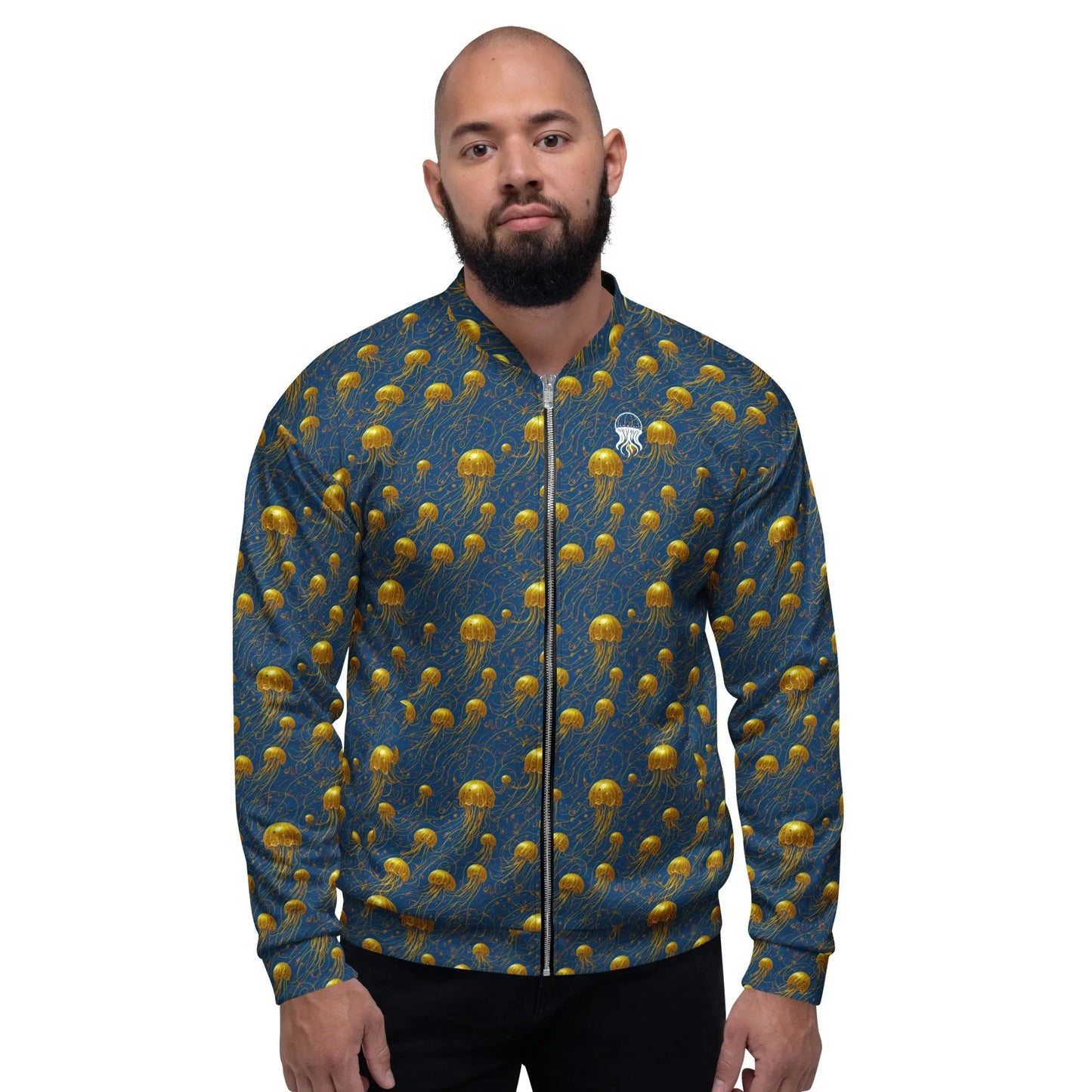 Bomber Jacket Blue and Gold Jellyfishes | Oceanic Elegance & Comfort