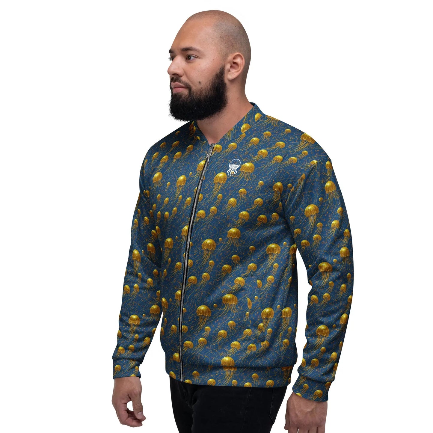 Bomber Jacket Blue and Gold Jellyfishes | Oceanic Elegance & Comfort