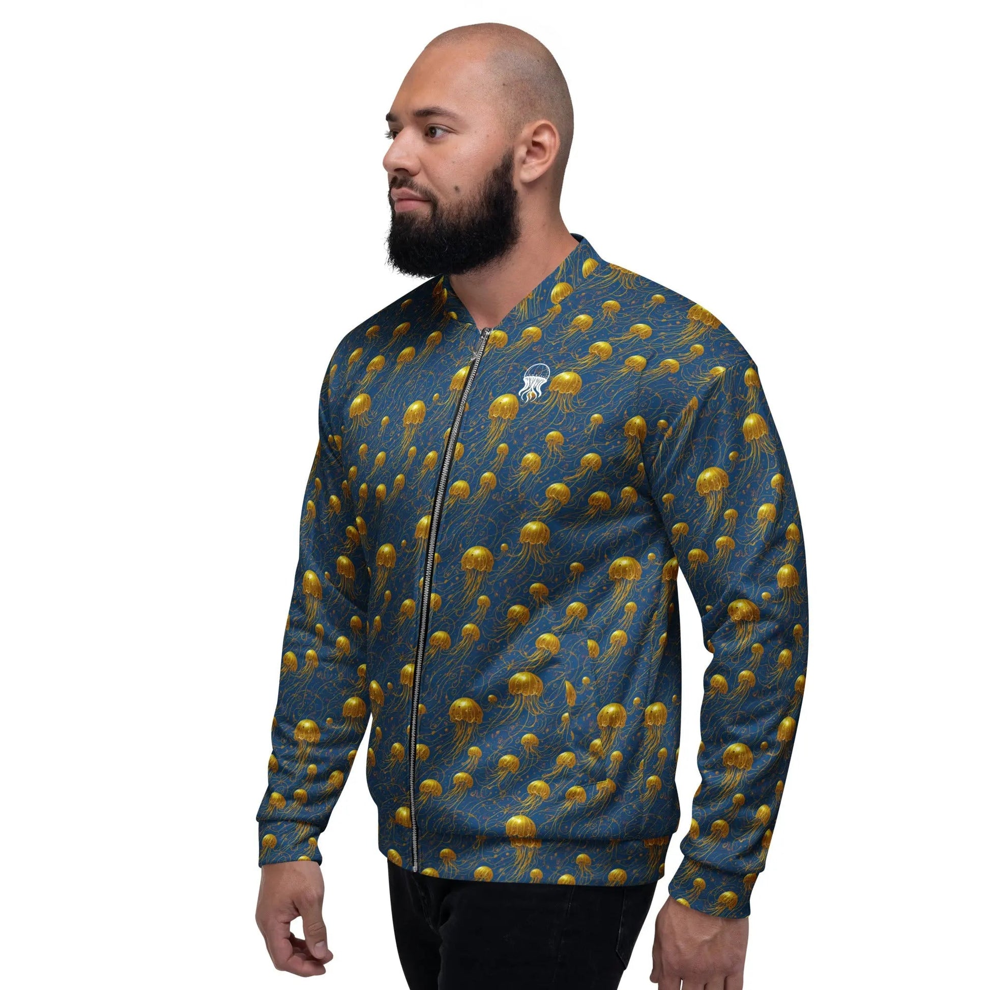 Bomber Jacket Blue and Gold Jellyfishes | Oceanic Elegance & Comfort