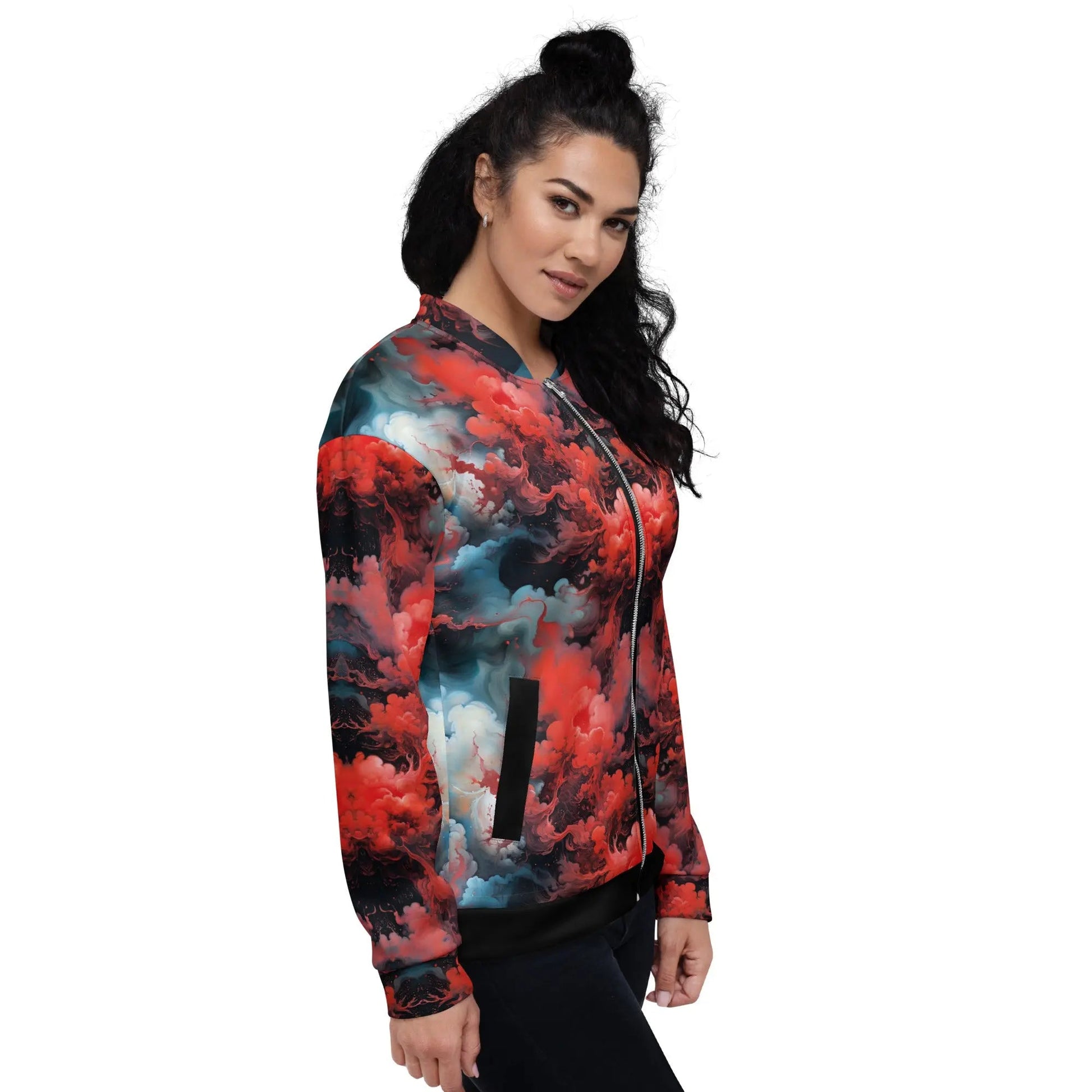 Bomber Jacket Ethereal Crimson Flow - Dark  | Bold Cosmic Elegance