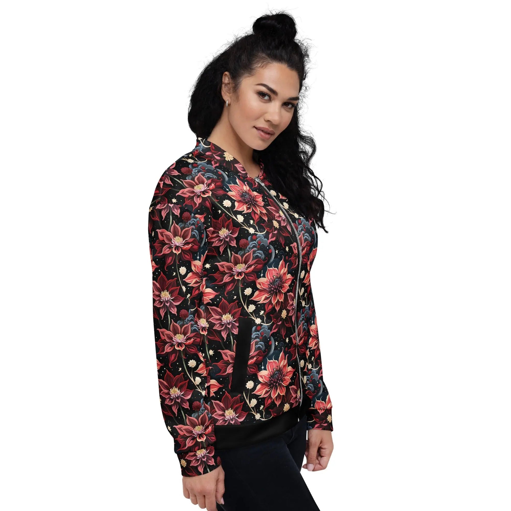 Bomber Jacket Twilight Dahlia | Cosmic Floral Elegance