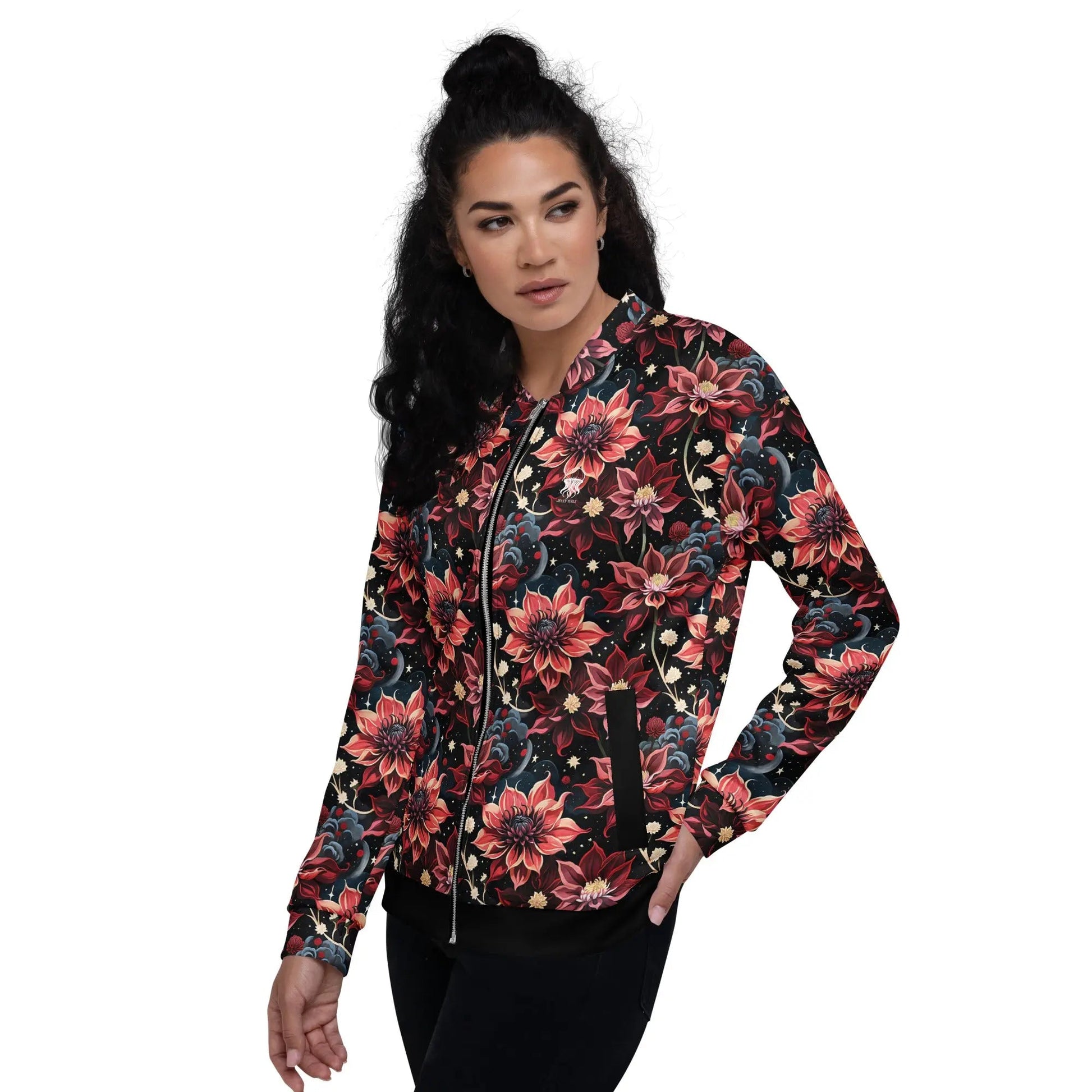 Bomber Jacket Twilight Dahlia | Cosmic Floral Elegance