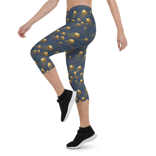 Capri Leggings - Blue and Gold Jellyfishes - by Jelly Kvlt