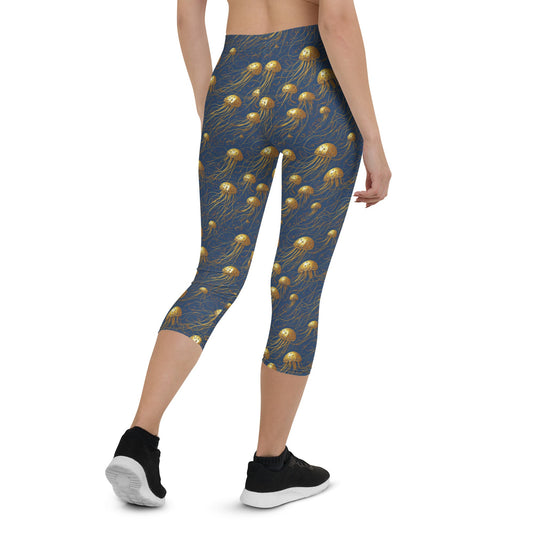 Capri Leggings - Blue and Gold Jellyfishes - by Jelly Kvlt