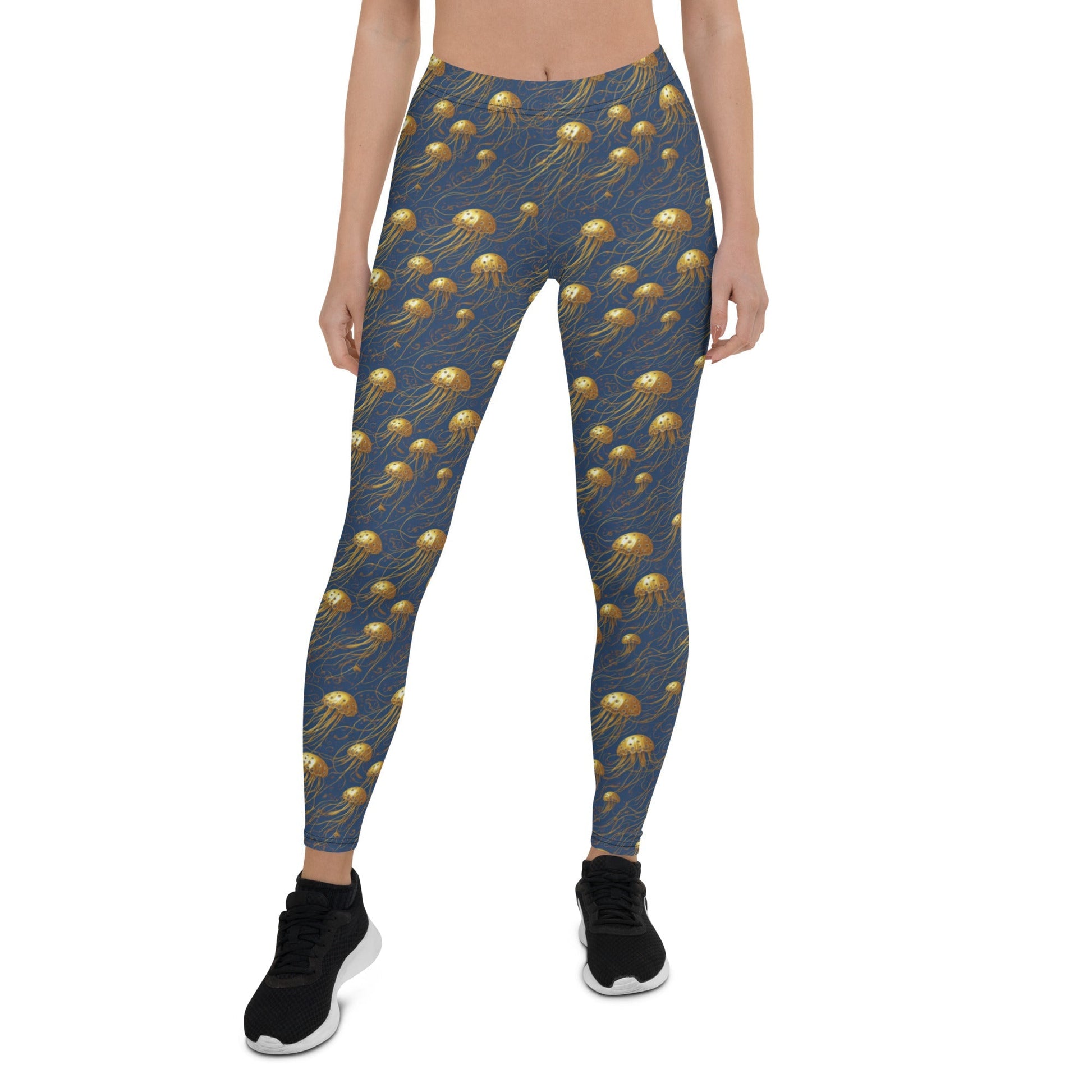 Women's Mid-Rise Leggings - Blue and Gold Jellyfishes - by Jelly Kvlt