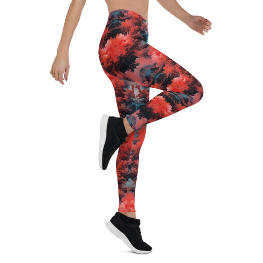 Women's Mid-Rise Leggings - Ethereal Crimson Flow - Dark - by Jelly Kvlt