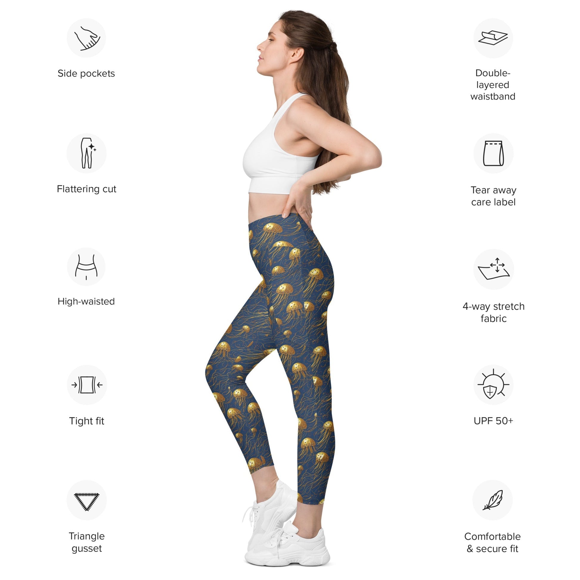 Leggings with Pockets - Blue and Gold Jellyfishes  | Jelly Kvlt