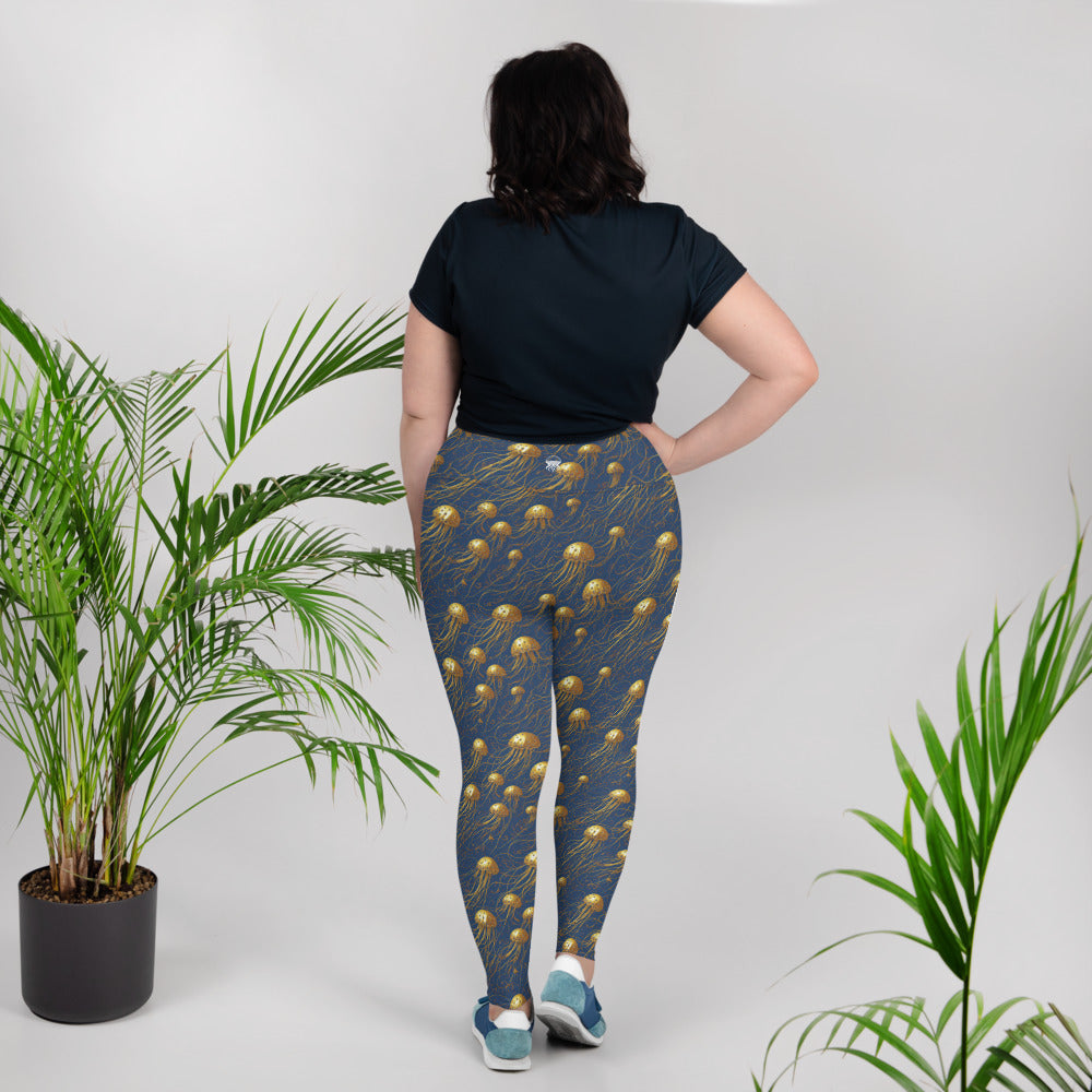 Plus Size Leggings - Blue and Gold Jellyfishes | Cosmic Activewear by Jelly Kvlt