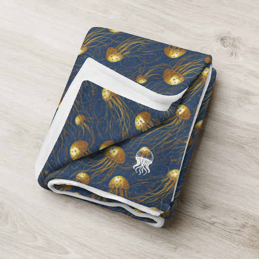 Blue and Gold Jellyfishes Soft Fleece Blanket - by Jelly Kvlt