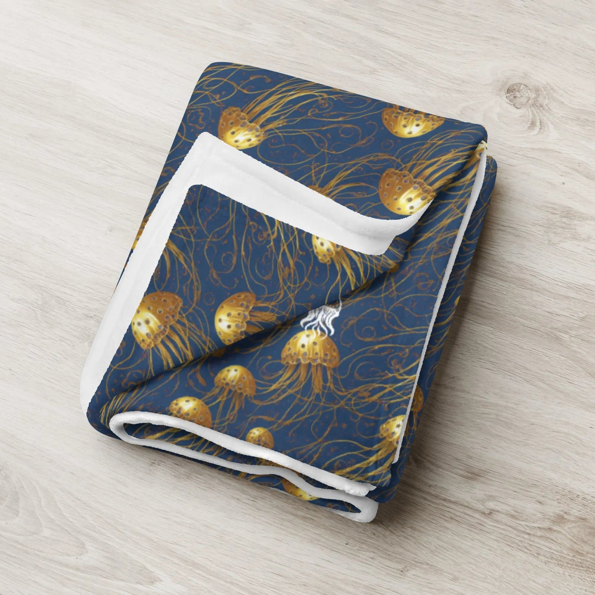 Blue and Gold Jellyfishes Soft Fleece Blanket - by Jelly Kvlt