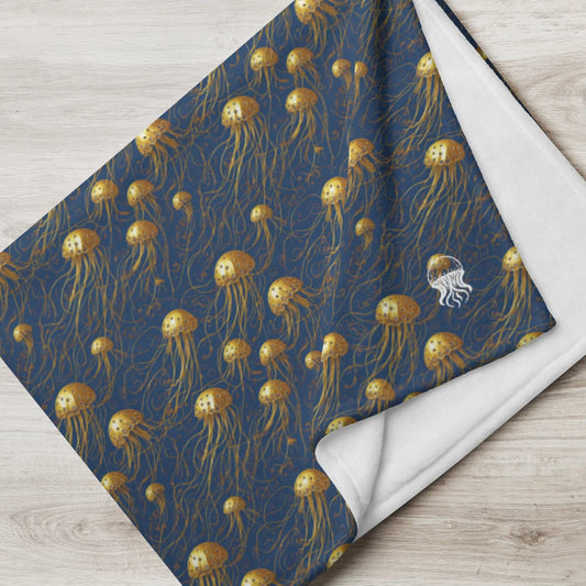 Blue and Gold Jellyfishes Soft Fleece Blanket - by Jelly Kvlt