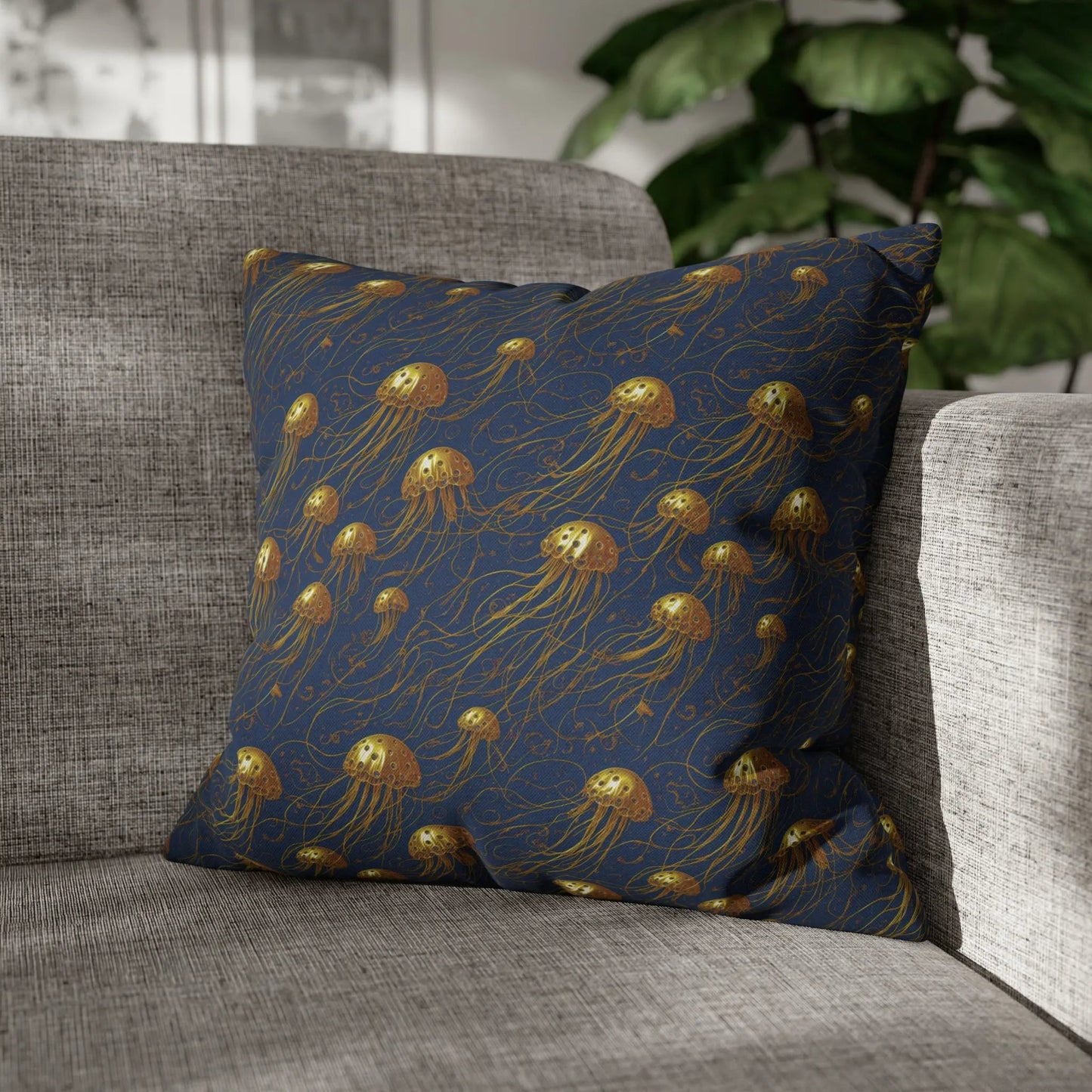 Jelly Kvlt -  Square Pillow Case - Blue and Gold Jellyfishes