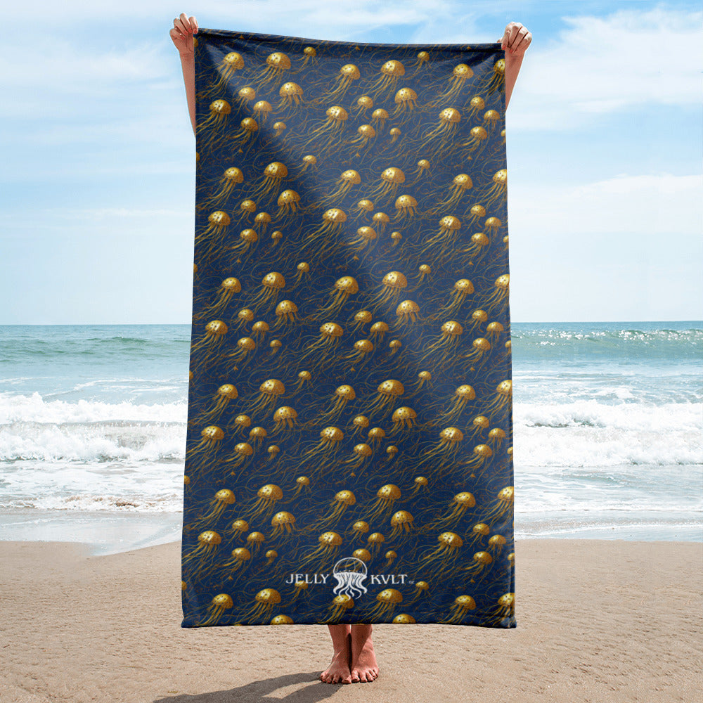 Beach Towel - Blue And Gold Jellyfishes - by Jelly Kvlt